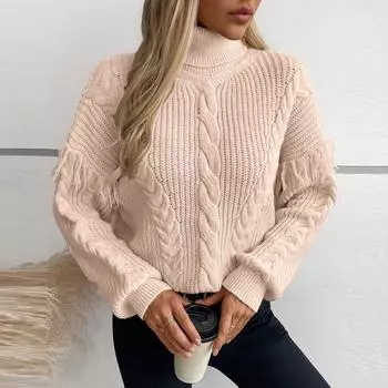 Женский повседневный модный вязаный свитер с длинными рукавами S бежевый