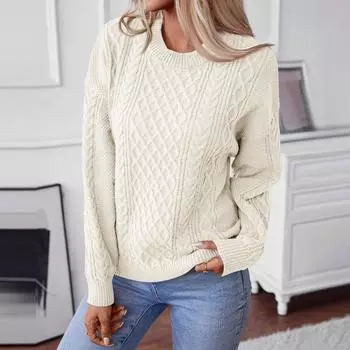 Женский повседневный модный вязаный свитер с круглым вырезом и длинными рукавами S бежевый