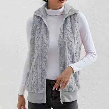 Женский повседневный модный жилет без рукавов с воротником-стойкой и карманами на молнии сплошной цвет плюшевый жилет XXL