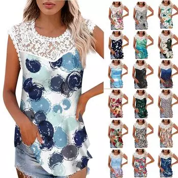 Женский повседневный модный жилет без рукавов с круглым вырезом и кружевной панелью, свободный топ XXXL чёрный