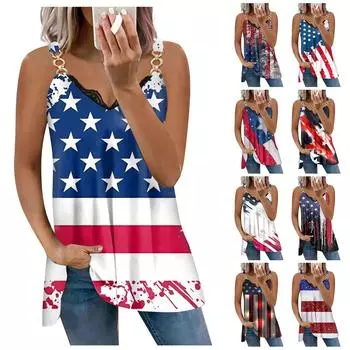 Женский повседневный модный жилет без рукавов с v-образным вырезом и кружевной вставкой на День независимости, свободный топ XL чёрный