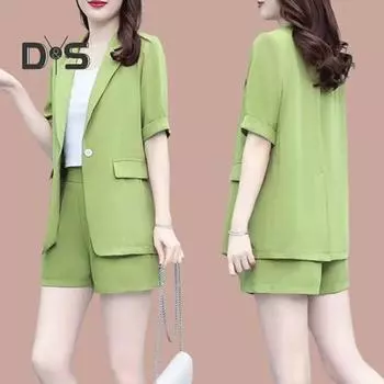 Женский повседневный наряд из 2 предметов, блейзер с короткими рукавами и лацканами, шорты, однотонный пиджак в стиле OL, комплект с одной пуговицей, шорты, элегантный офисный костюм M зелёный