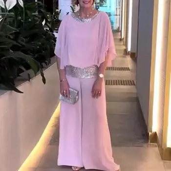 Женский повседневный наряд из 2 шт./компл., топы с круглым вырезом и рукавами «летучая мышь», широкие брюки, блестящий лоскутный шифоновый комплект одежды 2XL чёрный