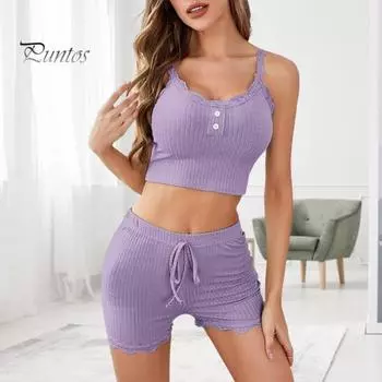 Женский повседневный наряд из 2 шт./компл., кружевной эластичный топ без рукавов с v-образным вырезом, эластичные шорты с высокой талией, облегающие шорты, домашняя одежда, жилет, шорты, комплект летних пижам M светло-зеленый