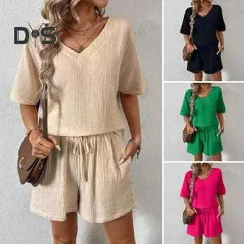 Женский повседневный наряд из 2 шт./компл., футболка с v-образным вырезом и короткими рукавами, эластичная резинка на талии, широкие шорты, комплект, сплошной цвет, тканевый наряд с морщинами S абрикосовый