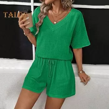 Женский повседневный наряд из 2 шт./компл., футболка с v-образным вырезом и короткими рукавами, эластичная резинка на талии, широкие шорты, комплект, сплошной цвет, тканевый наряд с морщинами S абрикосовый