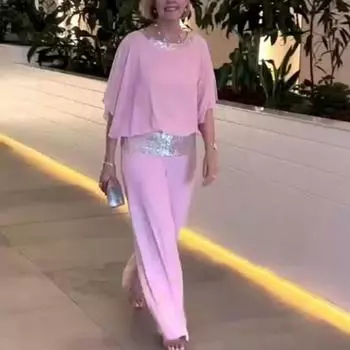 Женский повседневный наряд из 2 шт./компл., топы с круглым вырезом и рукавами «летучая мышь», широкие брюки, блестящий лоскутный шифоновый комплект одежды 2XL чёрный