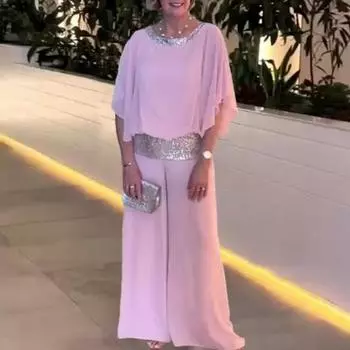 Женский повседневный наряд из 2 шт./компл., топы с круглым вырезом и рукавами «летучая мышь», широкие брюки, блестящий лоскутный шифоновый комплект одежды XL синий