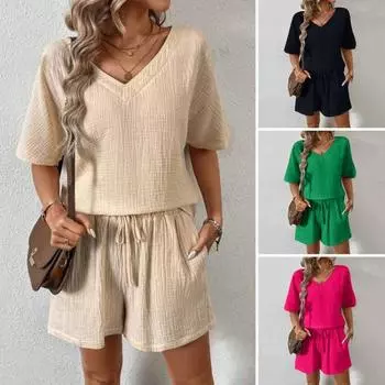 Женский повседневный наряд из 2 шт./компл., футболка с v-образным вырезом и короткими рукавами, эластичная резинка на талии, широкие шорты, комплект, сплошной цвет, тканевый наряд с морщинами S абрикосовый