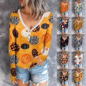 Женский повседневный облегающий топ с длинными рукавами, V-образным вырезом и принтом на пуговицах XL белый