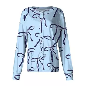 Женский повседневный однобортный кардиган с длинным рукавом и принтом в виде банта L синий