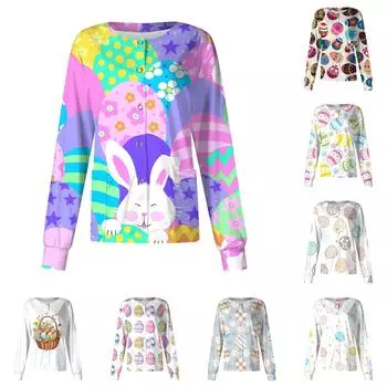 Женский повседневный однобортный однобортный кардиган с длинными рукавами и принтом, рабочая одежда с пасхальным принтом L циан