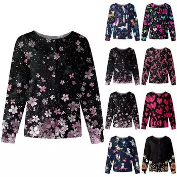 Женский повседневный однобортный однобортный защитная одежда с длинными рукавами и цветочным принтом, кардиган, топ L чёрный