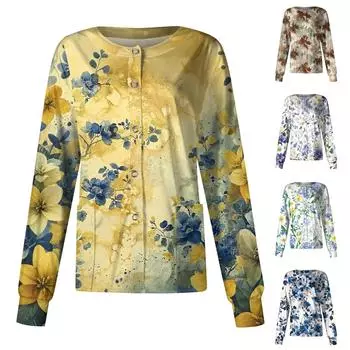 Женский повседневный однобортный однобортный защитная одежда с длинными рукавами и цветочным принтом, кардиган, топ L синий
