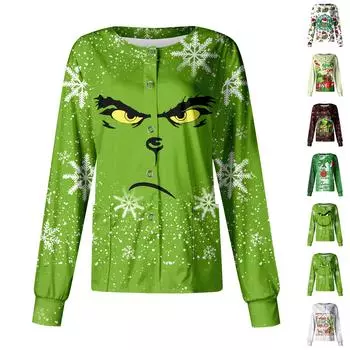 Женский повседневный однобортный топ с длинным рукавом и рождественским принтом Dry-nurse L армия зеленый