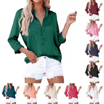 Женский повседневный однотонный атласный топ с v-образным вырезом и длинными рукавами L армия зеленый