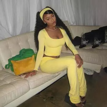 Женский повседневный однотонный базовый толстовка с брюками костюм осенний квадратный воротник длинный рукав топы расклешенные брюки комплект из двух частей S жёлтый