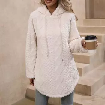 Женский повседневный однотонный худи-пуловер с капюшоном и длинными рукавами из пушистого трикотажа XL бежевый