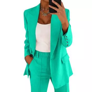 Женский повседневный однотонный кардиган с длинными рукавами и лацканами, куртка, брюки, костюм L циан