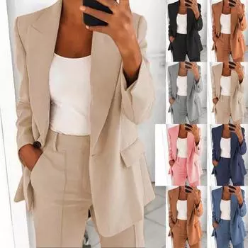 Женский повседневный однотонный кардиган с длинными рукавами и лацканами, куртка, брюки, костюм L тёмно-синий