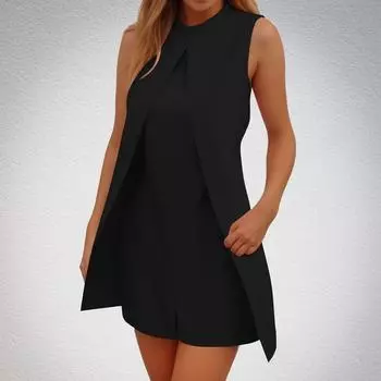 Женский повседневный однотонный комбинезон без рукавов с воротником-стойкой и застежкой-молнией сзади L чёрный