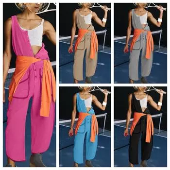 Женский повседневный однотонный комбинезон без рукавов с эластичной резинкой на талии и карманом с круглым вырезом L чёрный