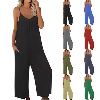 Женский повседневный однотонный комбинезон с v-образным вырезом и v-образным вырезом без рукавов, свободный комбинезон без рукавов L