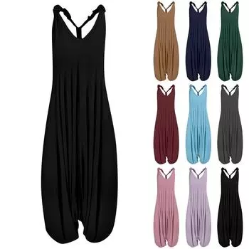 Женский повседневный однотонный комбинезон, свободный повседневный комбинезон без рукавов на бретельках большого размера L чёрный