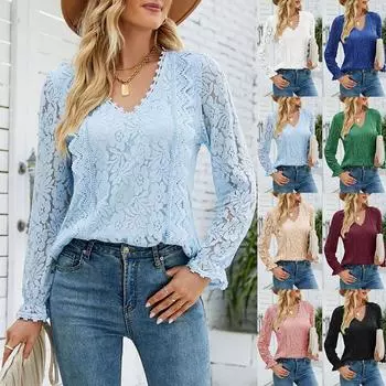 Женский повседневный однотонный кружевной топ с вырезом, сексуальный вязаный кружевной топ с v-образным вырезом и длинными рукавами M