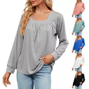 Женский повседневный однотонный квадратный вырез, плиссированный, длинный рукав, свободный пуловер L чёрный