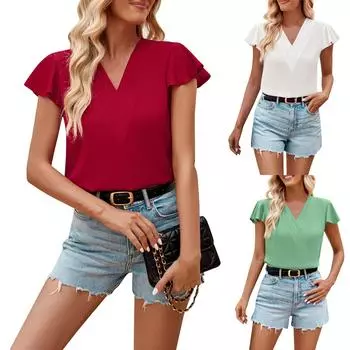 Женский повседневный однотонный модный топ с v-образным вырезом и короткими рукавами L бежевый