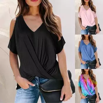 Женский повседневный однотонный принт, облегающий сексуальный пуловер с открытыми плечами, топ с v-образным вырезом M чёрный