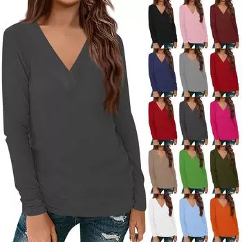 Женский повседневный однотонный принтованный длинный рукав свободный пуловер с V-образным вырезом L армия зеленый