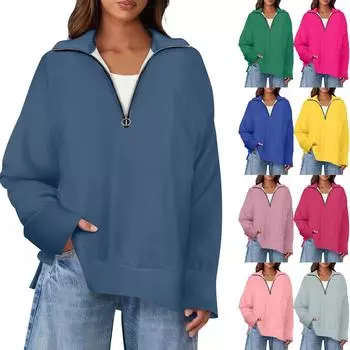 Женский повседневный однотонный пуловер с застежкой-молнией на лацкане и боковыми разрезами, модная одежда S