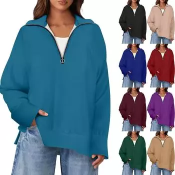 Женский повседневный однотонный пуловер с застежкой-молнией на лацкане и боковыми разрезами, модная одежда L чёрный