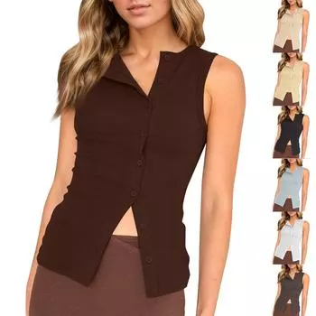 Женский повседневный однотонный сексуальный кардиган без рукавов на пуговицах L бежевый