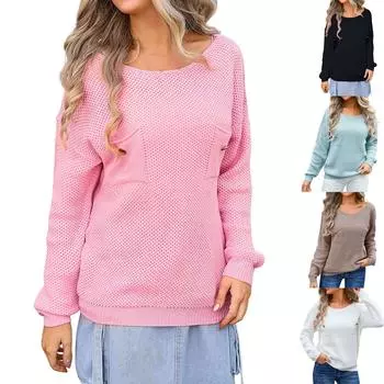 Женский повседневный однотонный свитер с нагрудным карманом и воротником с длинными рукавами, осенний вязаный топ, пуловер M