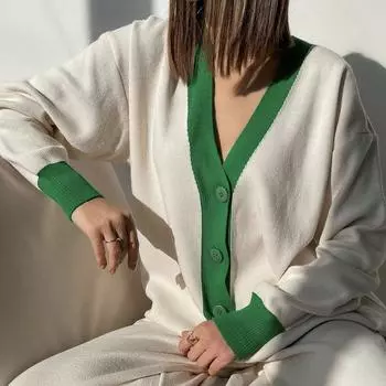 Женский повседневный однотонный свитер с v-образным вырезом в стиле пэчворк, модный женский кардиган, универсальный осенний женский топ зелёный