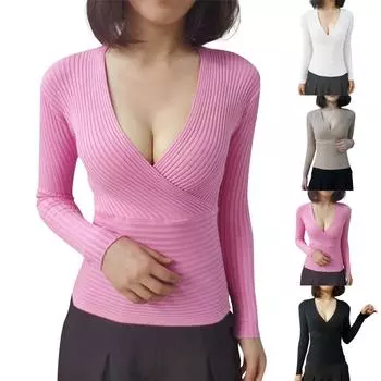 Женский повседневный однотонный свитер с V-образным вырезом и длинным рукавом, сексуальный, эластичная низ, рубашка, топ One Size чёрный