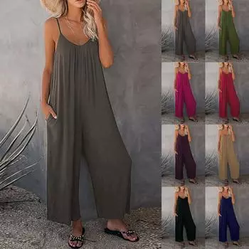 Женский повседневный однотонный свободный комбинезон большого размера с карманами и подтяжками L