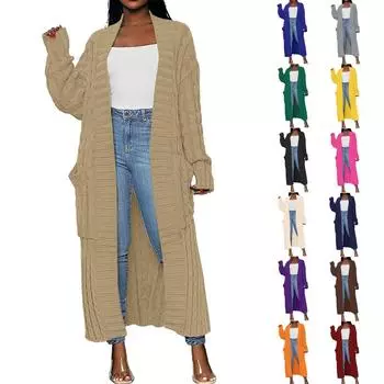 Женский повседневный однотонный свободный вязаный кардиган с карманами, длинный свитер с переплетениями теста, пальто L бежевый