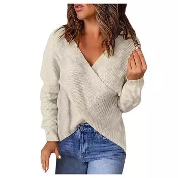 Женский повседневный однотонный свободный вязаный свитер с v-образным вырезом, вязаный свитер в рубчик S