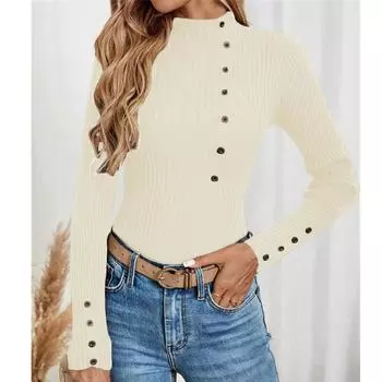 Женский повседневный однотонный тонкий вязаный свитер на пуговицах с длинными рукавами, базовый свитер L бежевый