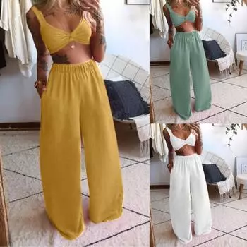 Женский повседневный однотонный топ без рукавов + длинные брюки, комплект из 2 предметов XL зелёный