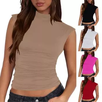 Женский повседневный однотонный топ-майка с полувысоким воротом, облегающий, без рукавов, универсальный M