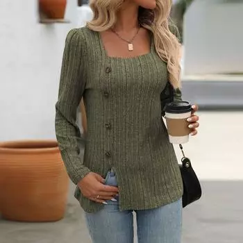 Женский повседневный однотонный топ на пуговицах с квадратным вырезом и длинными рукавами L армия зеленый