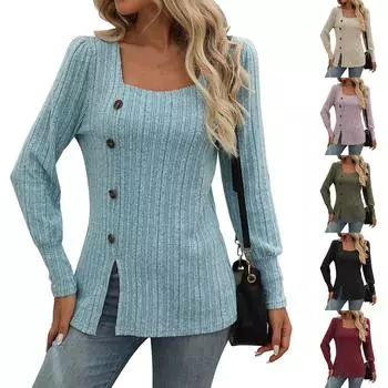 Женский повседневный однотонный топ на пуговицах с квадратным вырезом и длинными рукавами M