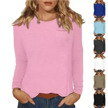 Женский повседневный однотонный топ с круглым вырезом и длинными рукавами M розовый