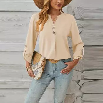 Женский повседневный однотонный топ с V-образным вырезом и длинными рукавами на пуговицах L бежевый