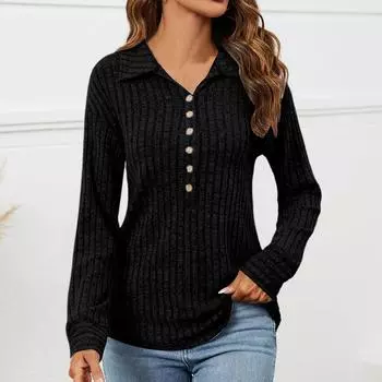 Женский повседневный однотонный топ с V-образным вырезом, матовым покрытием, удобными мешковатыми лацканами и длинными рукавами L чёрный